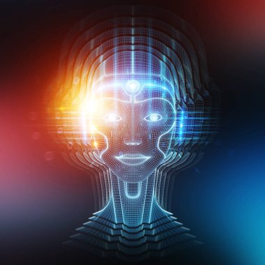 Robot cyborg baş yapay zeka 3d render öğrenme