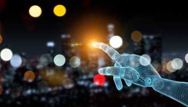 Wireframed robot el işaret parmağı üzerinde karanlık 3d Render mavi