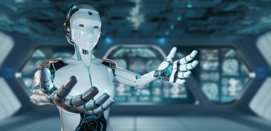 Onun iki eller 3d render açılış beyaz kadın cyborg