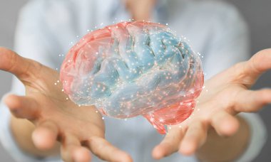 Businesswoman using digital 3D projection of a human brain 3D re clipart