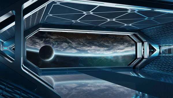 Dark blue spaceship futuristic interior with window view on plan