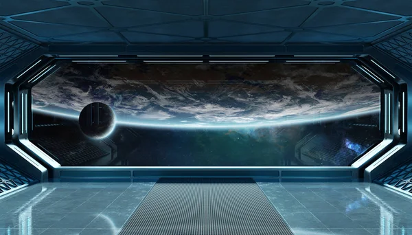 Dark blue spaceship futuristic interior with window view on plan