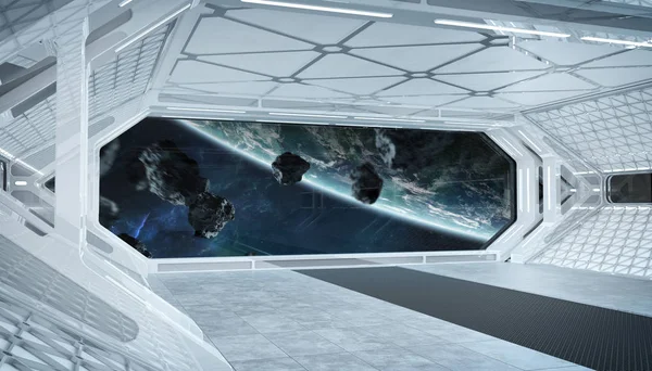 White blue spaceship futuristic interior with window view on pla