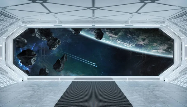 Beyaz mavi uzay gemisi fütüristik iç pencere manzaralı pla