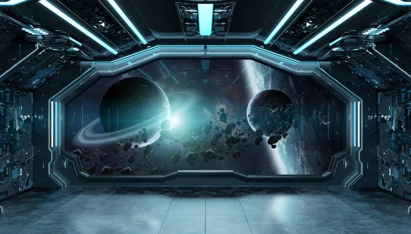 Koyu mavi uzay gemisi fütüristik iç spac pencere Manzaralı