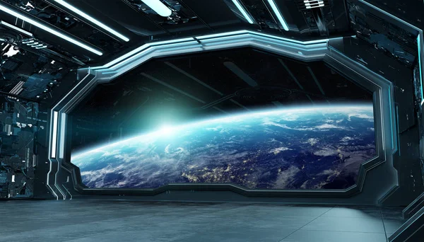 Nave espacial azul oscuro interior futurista con vista a la ventana en plan —  Fotos de Stock