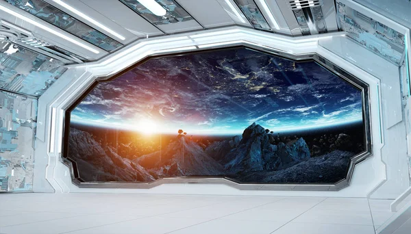 Vit blå rymdskepp futuristisk interiör med fönster syn på spa — Stockfoto
