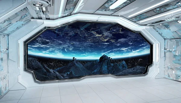 Nave spaziale blu bianca interno futuristico con vista finestra su pla — Foto Stock