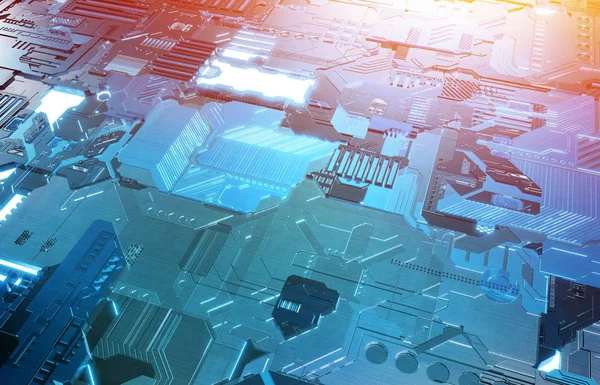 Fütüristik mavi ve turuncu teknoloji paneli arka plan ile lots-in de