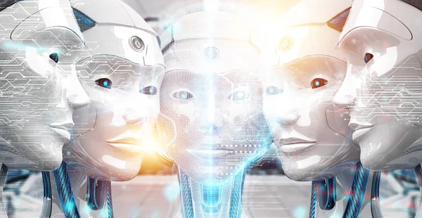 Група жіночих роботів голови з використанням цифрових голограм екранів 3d r — стокове фото