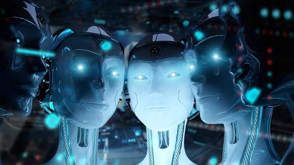 Groep van vrouwelijke robots dicht bij elkaars cyborg leger concept — Stockfoto