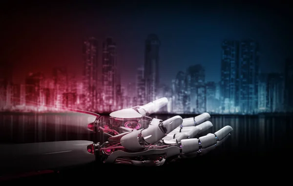 Red robot hand making contact with human hand 3D rendering