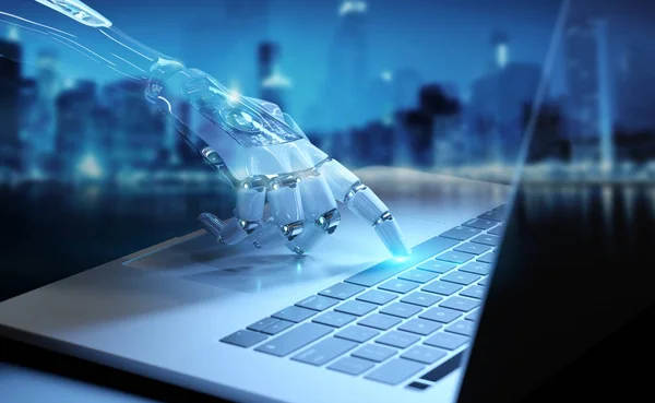 Kyborg rukou stisknutí klávesnice na notebooku 3d vykreslování — Stock fotografie