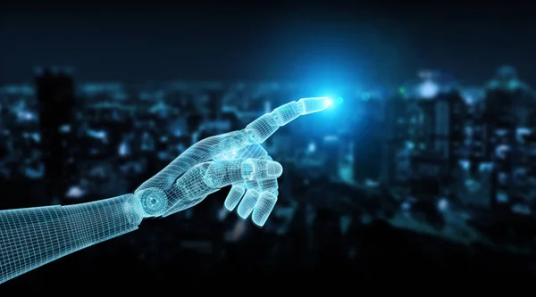 Wireframed azul robô mão apontando dedo na renderização 3D escuro — Fotografia de Stock