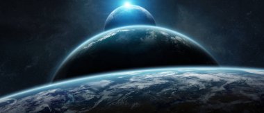 Uzak bir gezegende sistemi ile exoplanets 3d render elem alanda
