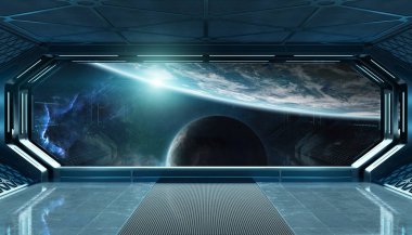 Koyu mavi uzay gemisi fütüristik iç spac pencere Manzaralı