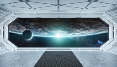 Beyaz mavi uzay gemisi fütüristik iç pencere manzaralı pla