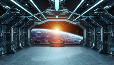 Koyu mavi uzay gemisi fütüristik iç planı üzerinde pencere Manzaralı