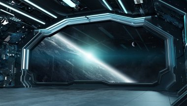 Koyu mavi uzay gemisi fütüristik iç planı üzerinde pencere Manzaralı