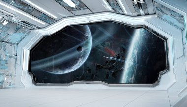 Beyaz mavi uzay gemisi fütüristik iç pencere manzaralı spa