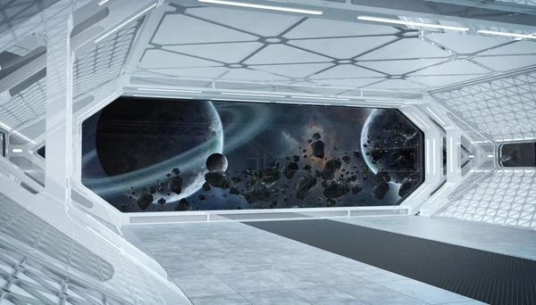 White blue spaceship futuristic interior with window view on spa