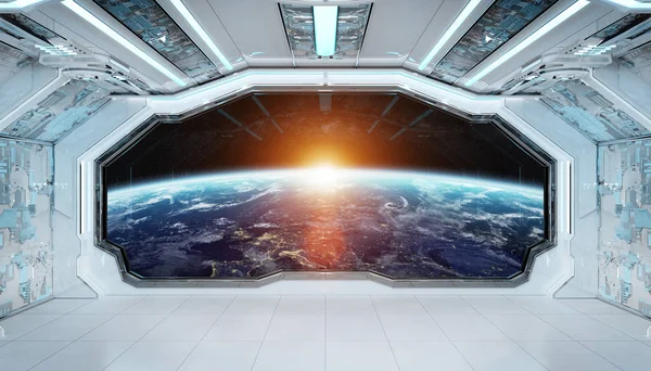 Nave espacial blanca azul interior futurista con vista a la ventana en pla —  Fotos de Stock