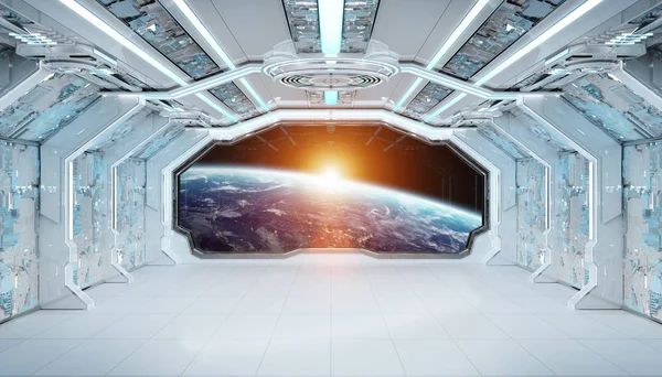 White blue spaceship futuristic interior with window view on pla