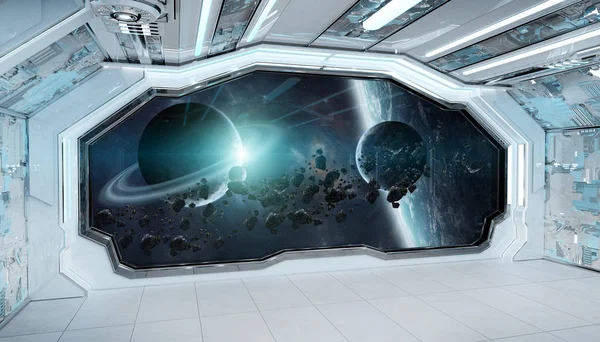 White blue spaceship futuristic interior with window view on spa — Stock Photo, Image