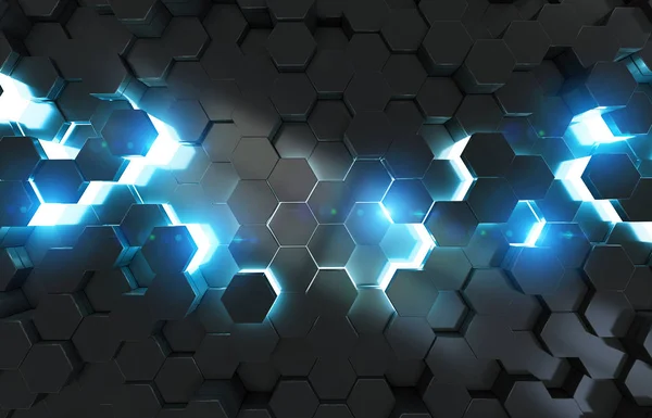 Motif de fond hexagones bleu-noir brillant sur la surface métallique — Photo