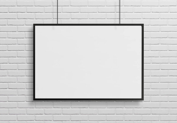 Black frame hanging in front of a wall mockup 3d rendering