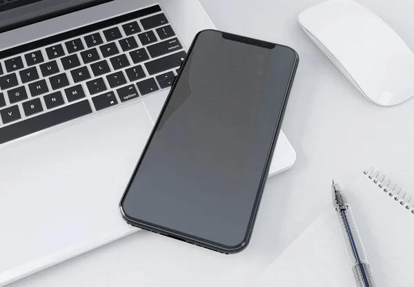Moderní smartphone maketa na notebooku 3d vykreslování — Stock fotografie