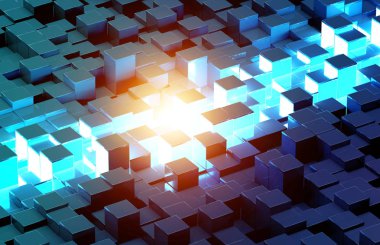 Parlak siyah mavi ve turuncu kareler arka plan 3d model parçalamak