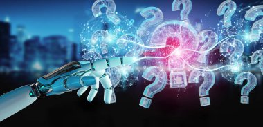 Cyborg dijital soru işaretleri 3d render ile sorun çözme