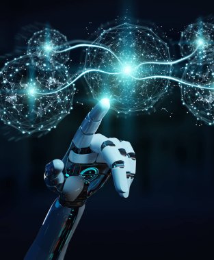 Dijital küresel ağ 3B oluşturmayı kullanarak beyaz insansı ele