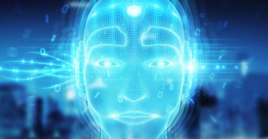 Robot adam cyborg yüz yapay zeka temsil eden 3d 