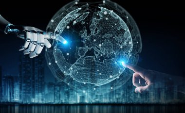 Robot ve insan el dijital dünya 3d render dokunmadan