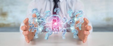 İşadamı dijital soru işaretleri 3d rende ile sorun çözme