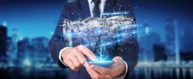 Tel kafes holografik 3d dijital projeksiyon kullanarak iş adamı