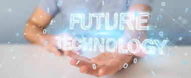 Geleceğin teknolojisi metin arabirimi 3d rendering kullanarak iş adamı