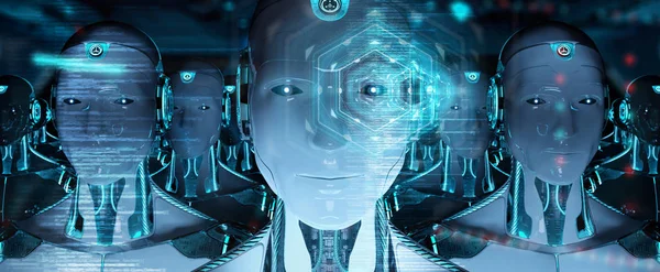Group of male robots heads using digital hologram screens 3d ren