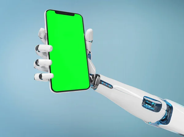 White robot hand holding smartphone mockup 3d rendering
