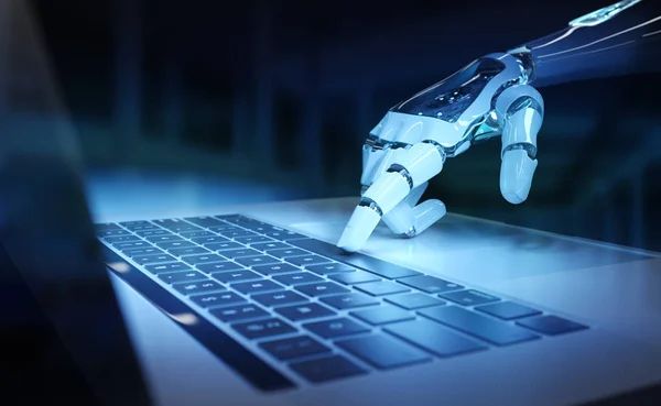 Cyborg mano presionando un teclado en una renderización 3D portátil — Foto de Stock