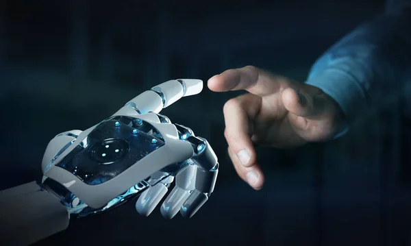 Robot mână de a face contact cu mâna umană pe fundal întunecat 3D — Fotografie, imagine de stoc