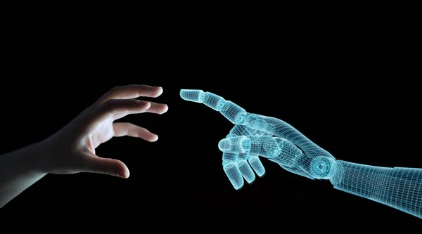 Робот с проводной рамкой вступает в контакт с человеческой рукой в темном 3D — стоковое фото