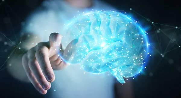 Omul de afaceri folosind proiecția 3D digitală a unui creier uman 3D rend — Fotografie, imagine de stoc