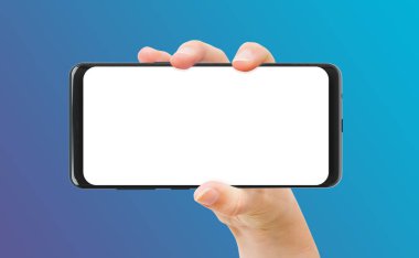 Kadın el smartphone mockup mavi izole tutarak