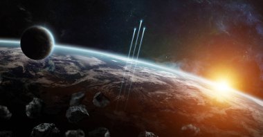 Uzak bir gezegende sistemi ile exoplanets 3d render elem alanda