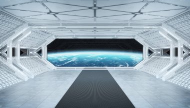 Beyaz mavi uzay gemisi fütüristik iç pencere manzaralı pla