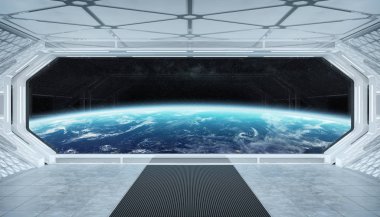 Beyaz mavi uzay gemisi fütüristik iç pencere manzaralı pla