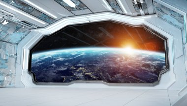 Beyaz mavi uzay gemisi fütüristik iç pencere manzaralı pla